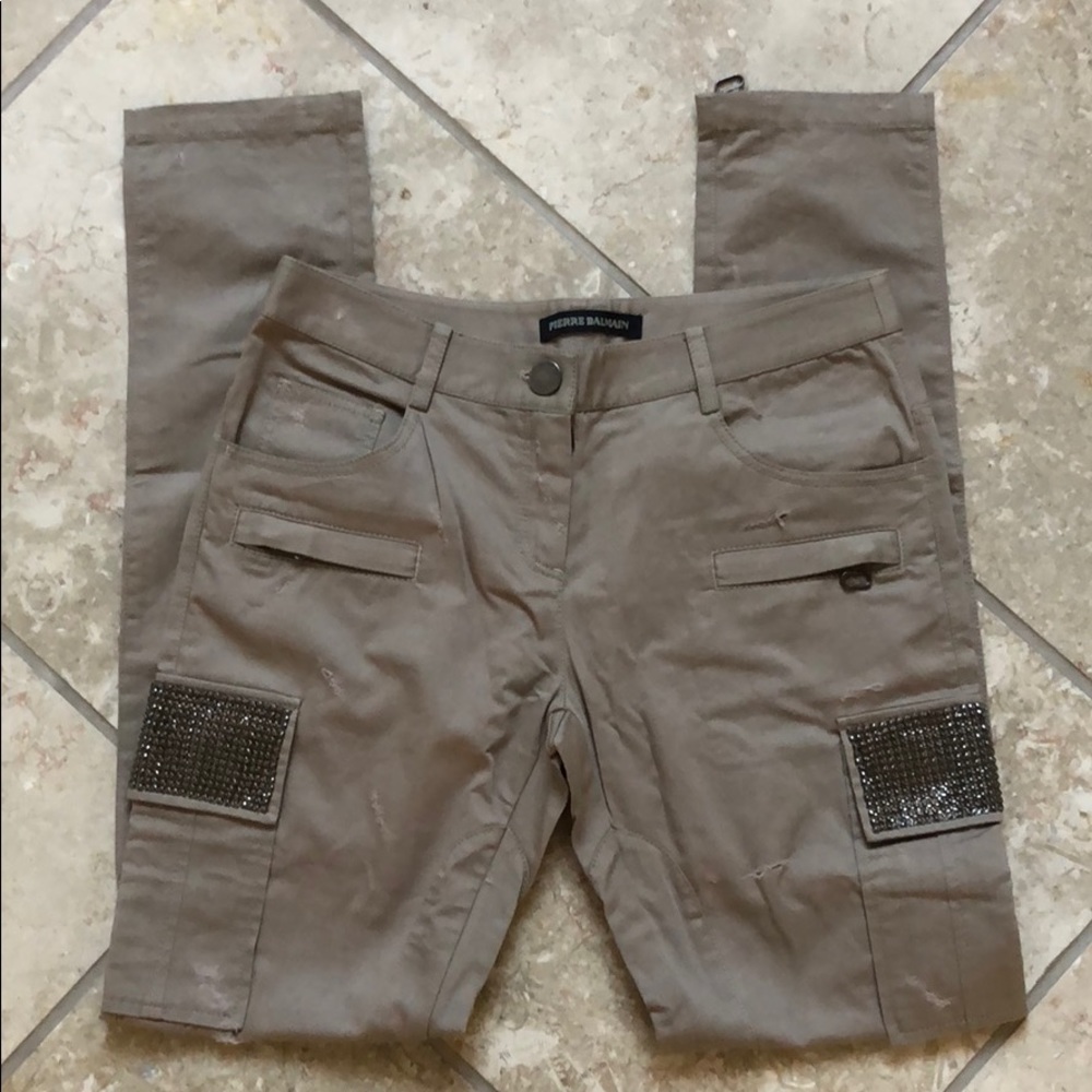 New Balmain distressed chain ankle zip moto style cargo pocket skinny pants